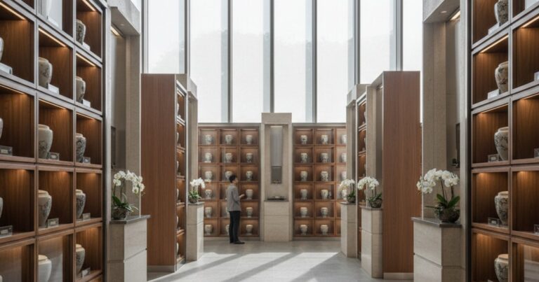 Modern columbarium niches in Singapore for cremation ashes, offering a peaceful resting place.