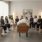 Diverse family members attending funeral services in Singapore, observing a casket with flowers
