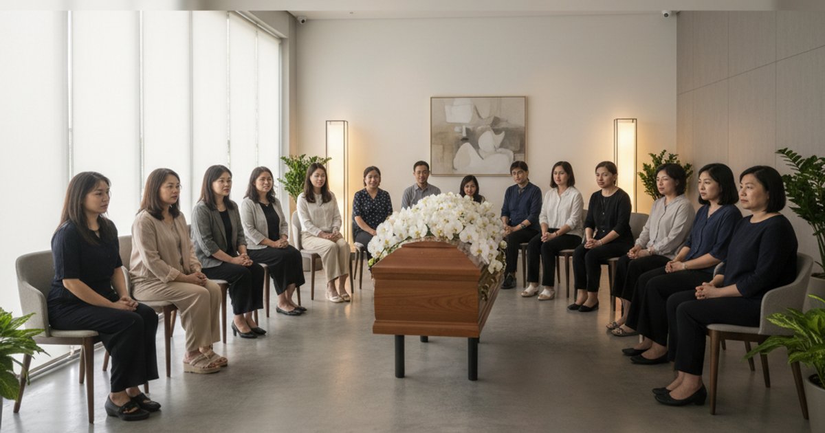 Diverse family members attending funeral services in Singapore, observing a casket with flowers