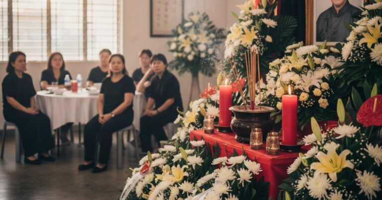 Serene Chinese funeral services wake setup in Singapore with traditional altar and flowers