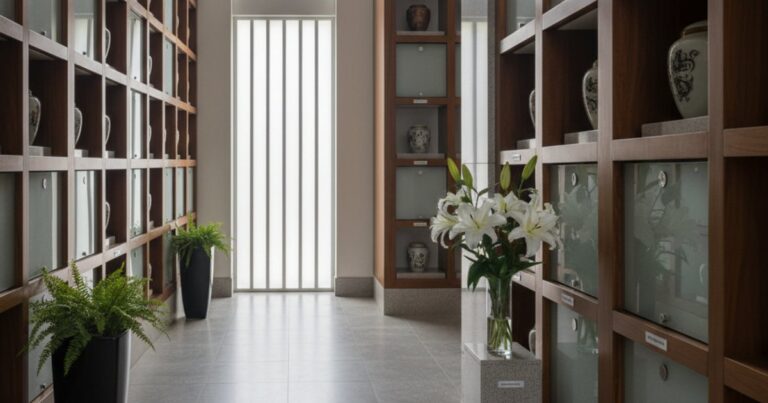 Interior of a modern columbarium in Singapore, showing niches for cremation ashes