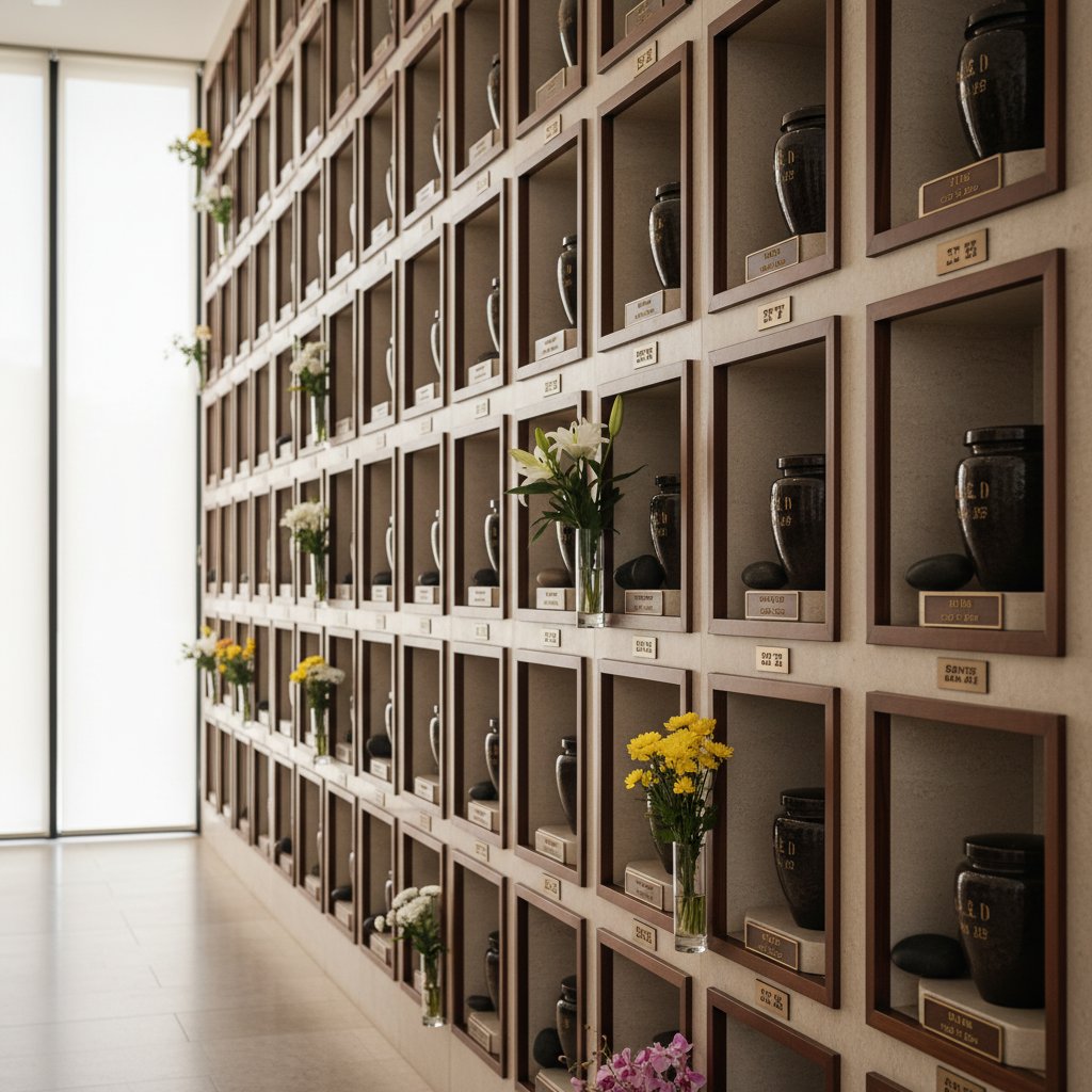 An elegant columbarium niche in Singapore, offering a serene resting place for ashes after cremation, part of comprehensive funeral services.