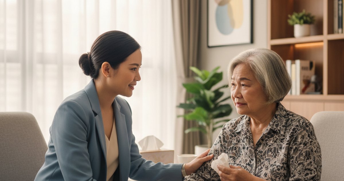 Grief counsellor providing support to an elderly woman in Singapore after funeral services