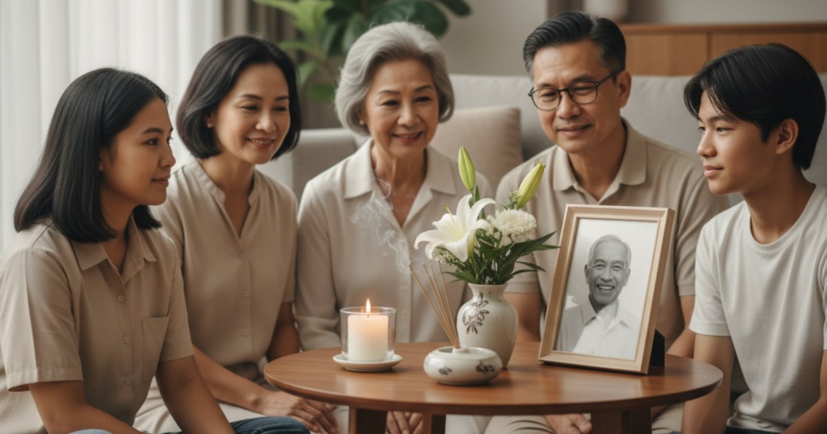 Singaporean family gathered at home for a personal memorial, reflecting on cremation aftermath and remembrance