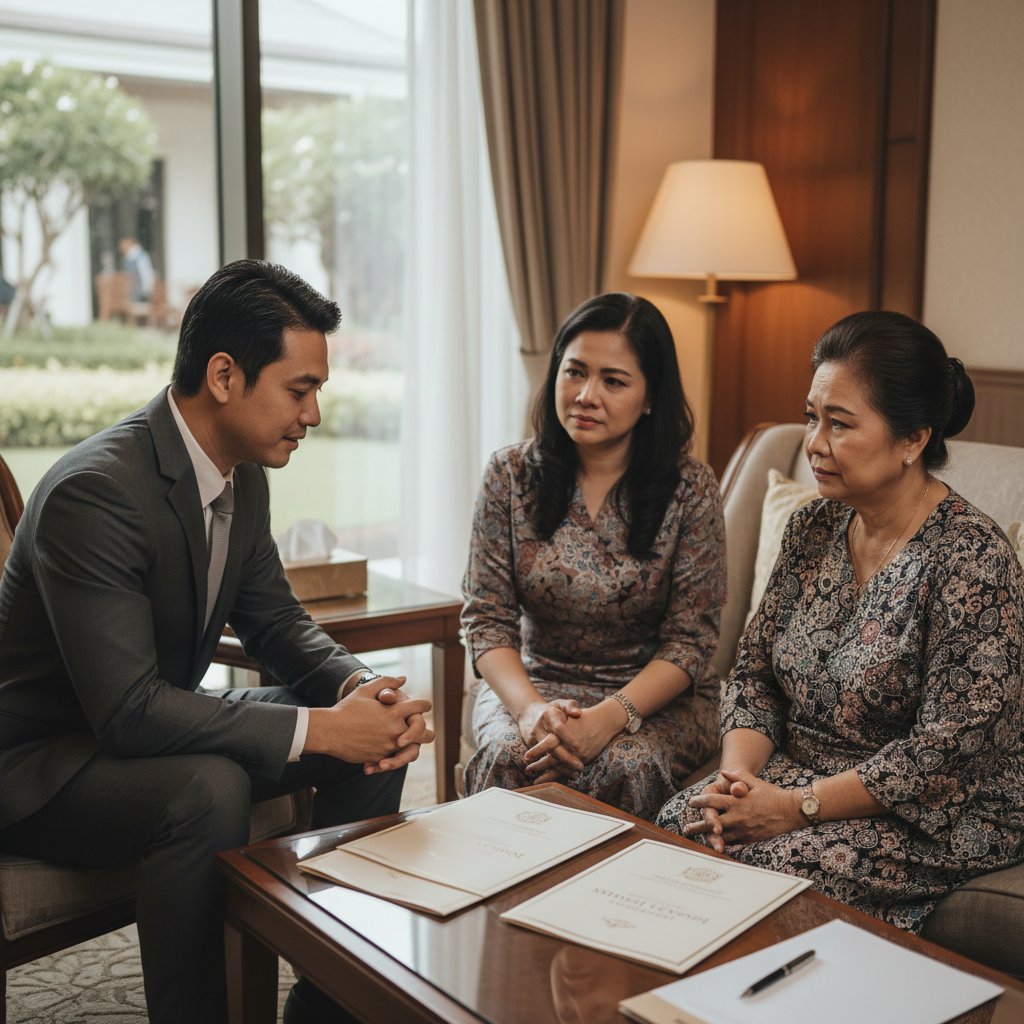 A professional funeral director discussing cremation Singapore options and funeral services with a Malaysian family, offering compassionate guidance.
