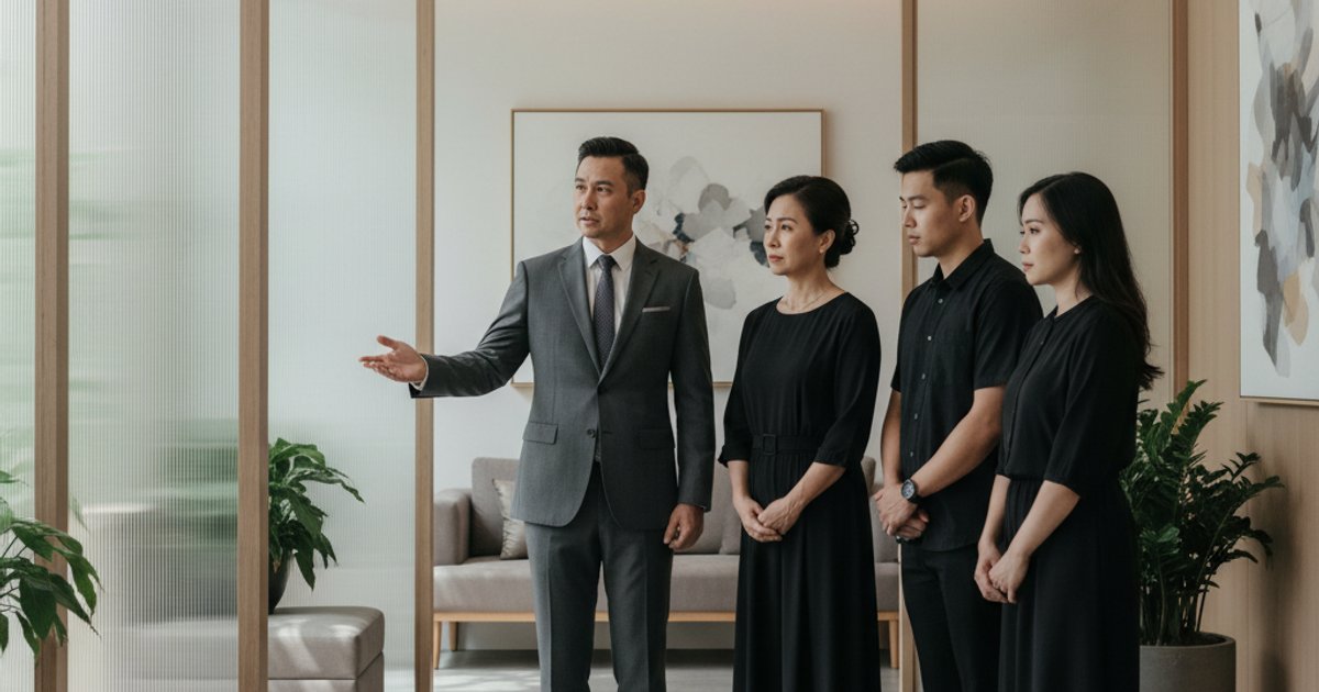 Funeral director assisting a family with cremation services in Singapore
