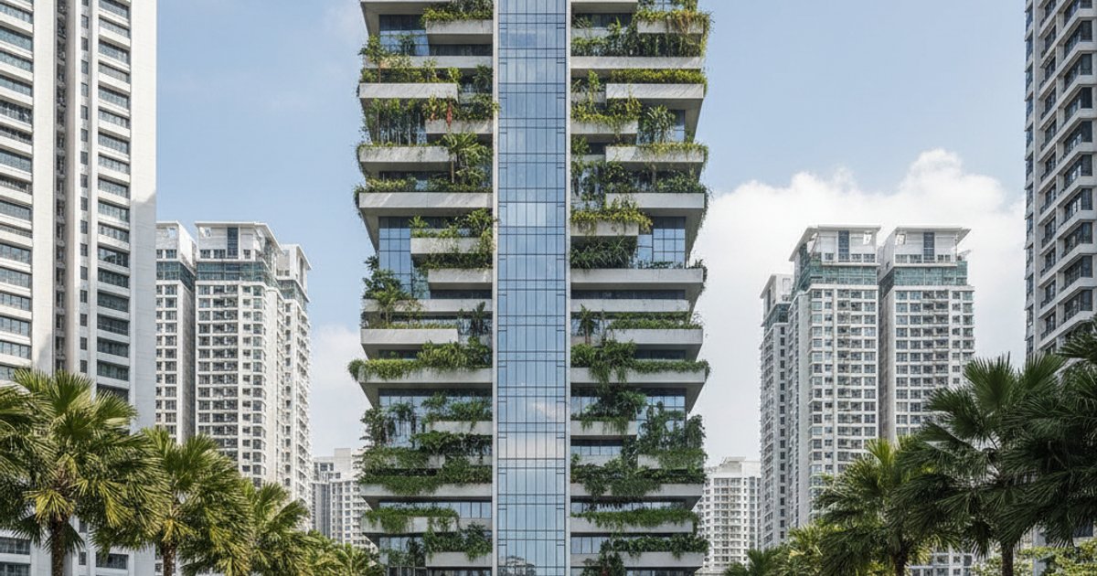 Modern multi-storey columbarium design in Singapore, blending with urban residential areas and offering advanced cremation services