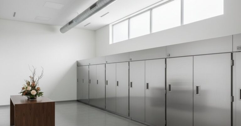 Interior of a modern, sterile cold storage facility for funeral services in Singapore, highlighting logistical precision.