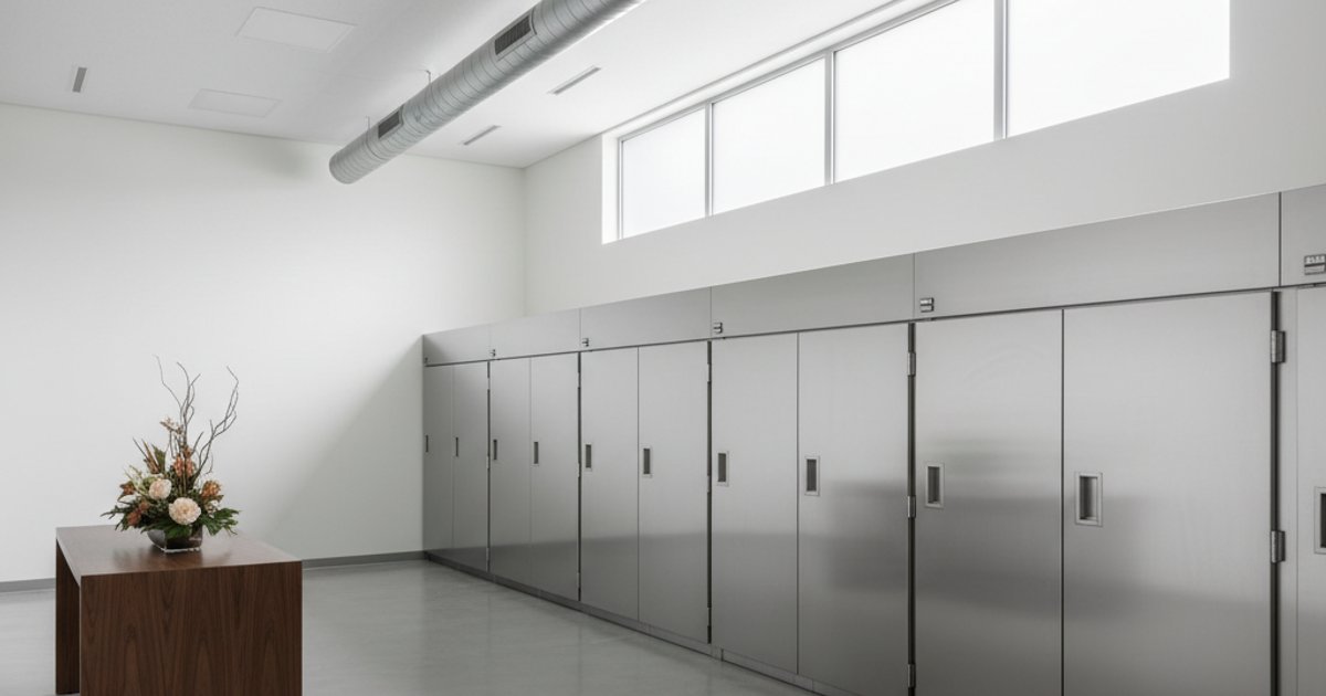 Interior of a modern, sterile cold storage facility for funeral services in Singapore, highlighting logistical precision.
