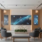 Modern funeral services hall in Singapore with digital memorial displays