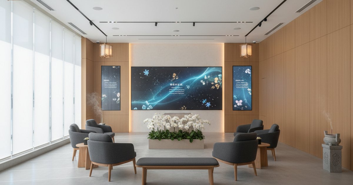 Modern funeral services hall in Singapore with digital memorial displays