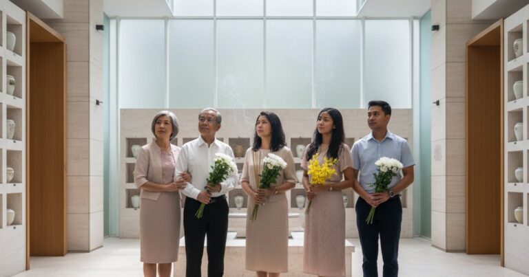 Multi-generational Singaporean family at a columbarium, discussing cremation services in Singapore