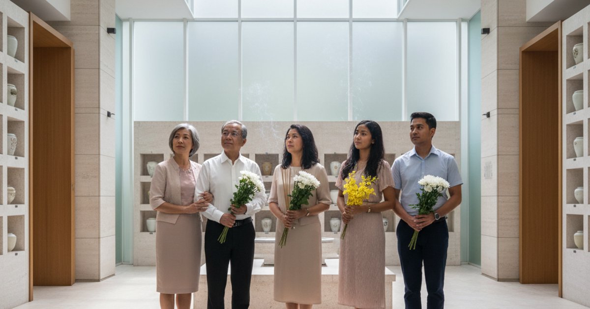 Multi-generational Singaporean family at a columbarium, discussing cremation services in Singapore