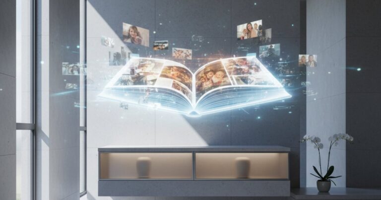 Digital memorial projection above a columbarium niche in Singapore, representing cremation services and remembrance