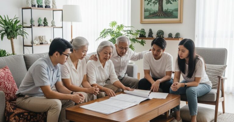 A multi-generational family in Singapore discussing cremation services and end-of-life planning