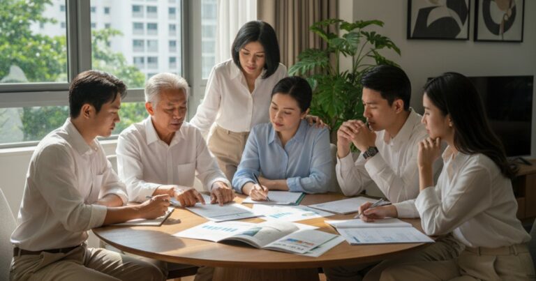 Multi-generational Singaporean family discussing cremation services in Singapore
