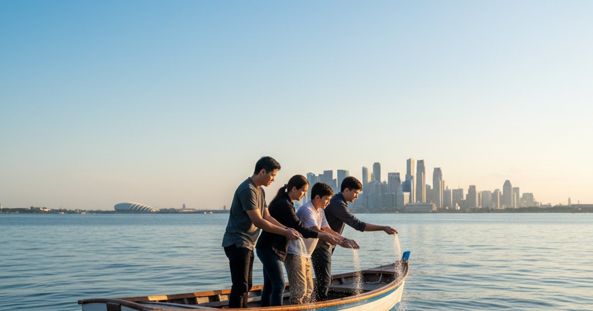 Family scattering ashes at sea near Singapore, a dignified ash disposition option after cremation.