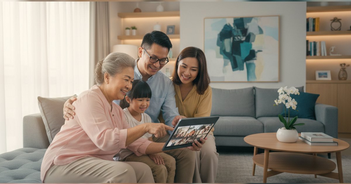 A Singaporean family viewing digital memories on a tablet, highlighting digital archiving for cremation services in Singapore.