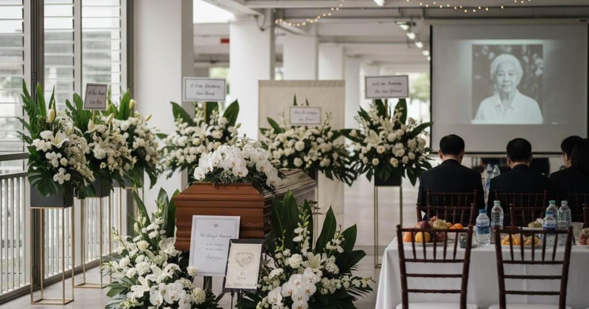 A serene funeral wake setup in Singapore with elegant floral arrangements and soft lighting, highlighting dignified funeral services.
