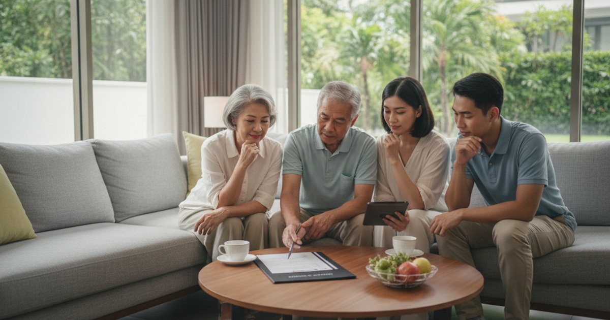 A family calmly discusses pre-planning funeral services in Singapore, reviewing documents in a modern living room setting.