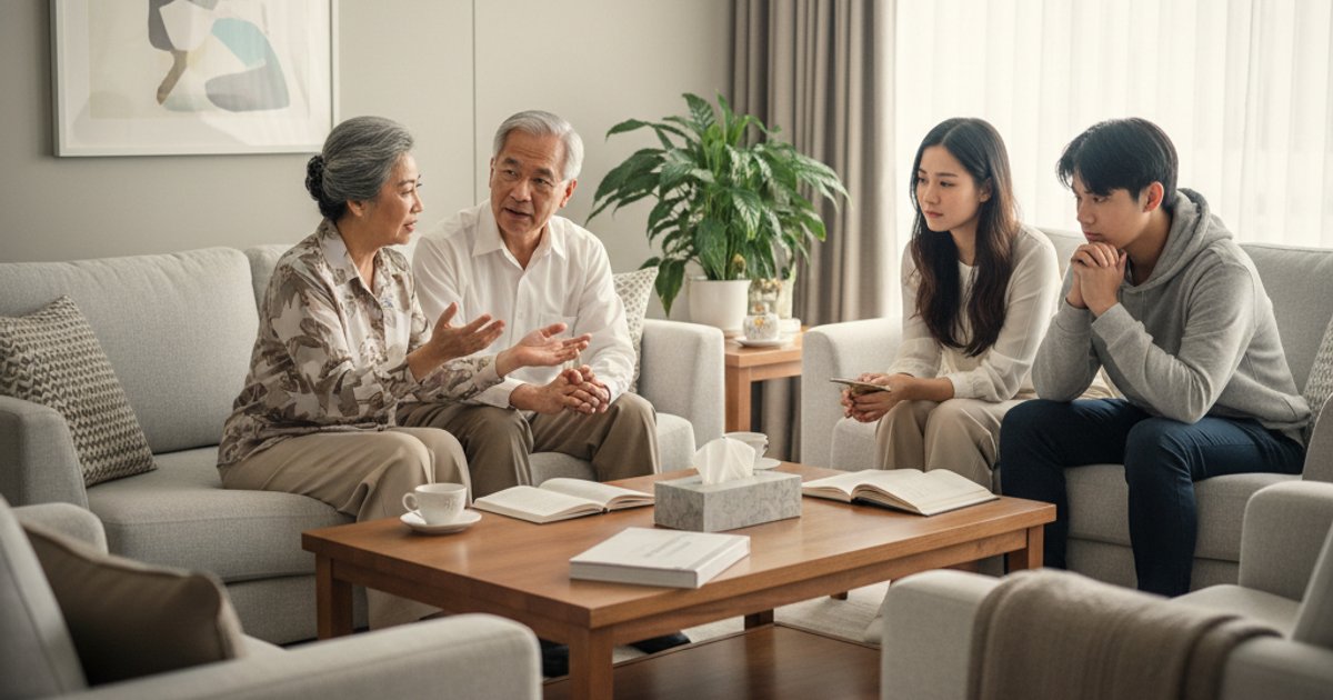 Family discussing end-of-life wishes and cremation options in Singapore