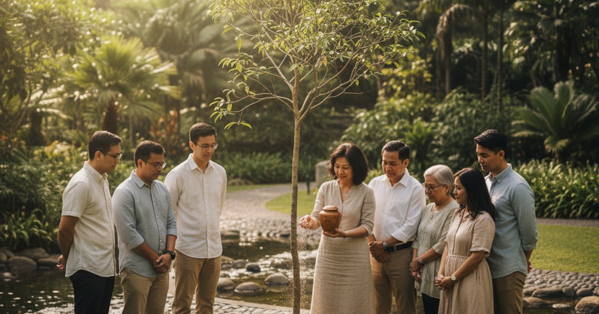 Family scattering ashes at a memorial tree in Singapore, a personalized cremation legacy