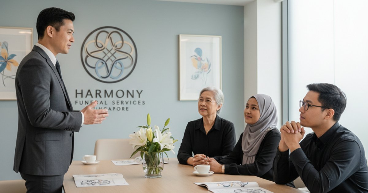 Funeral director providing culturally sensitive funeral services guidance to a diverse family in Singapore