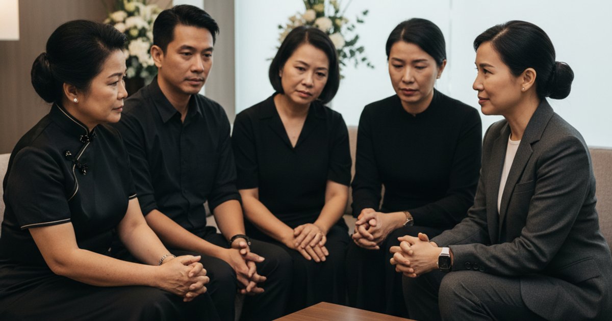 Funeral director in Singapore discussing arrangements with a family, highlighting professional and ethical service