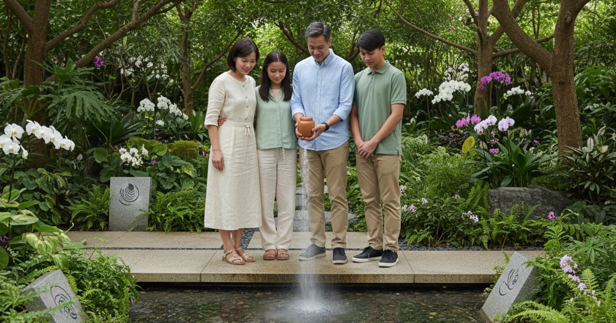 Family scattering ashes in an inland ash scattering garden, a growing trend for cremation in Singapore