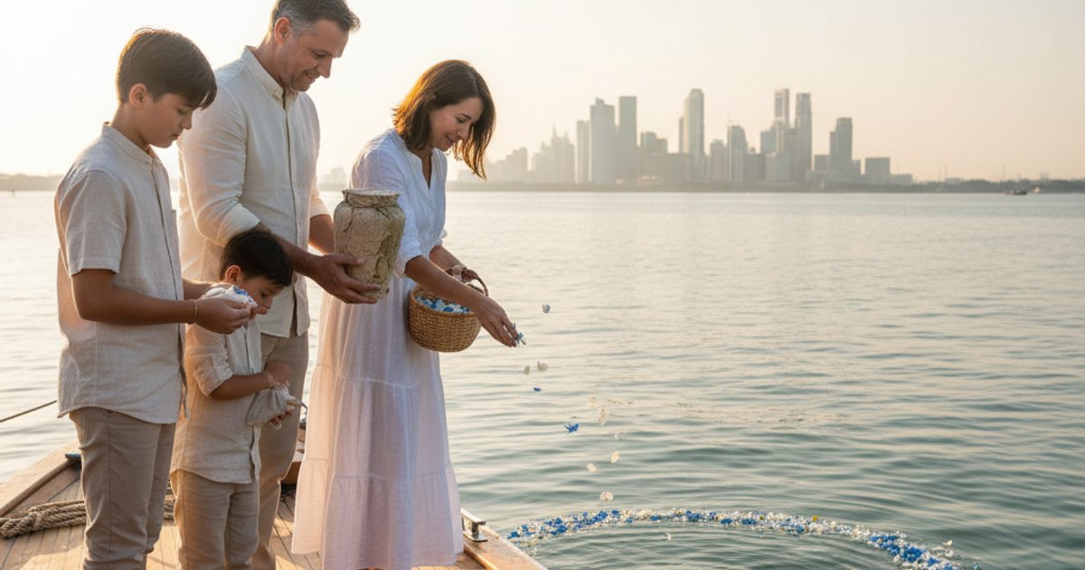 Family scattering cremation ashes at sea in Singapore