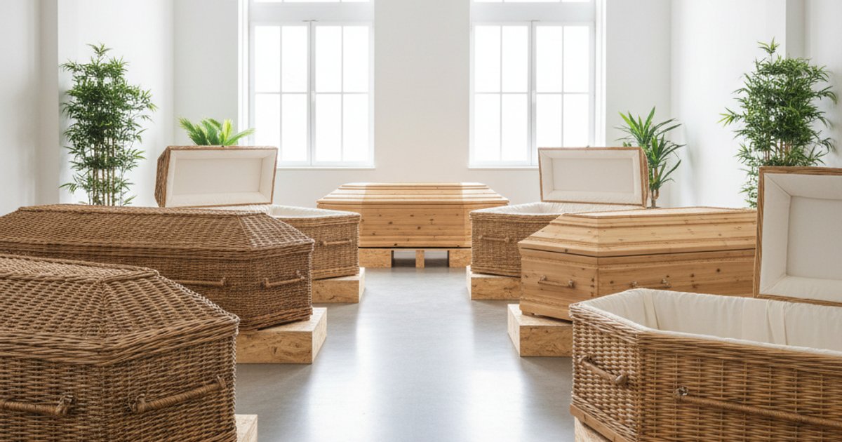 Assortment of eco-friendly caskets made from sustainable materials, demonstrating ethical sourcing in funeral services Singapore.