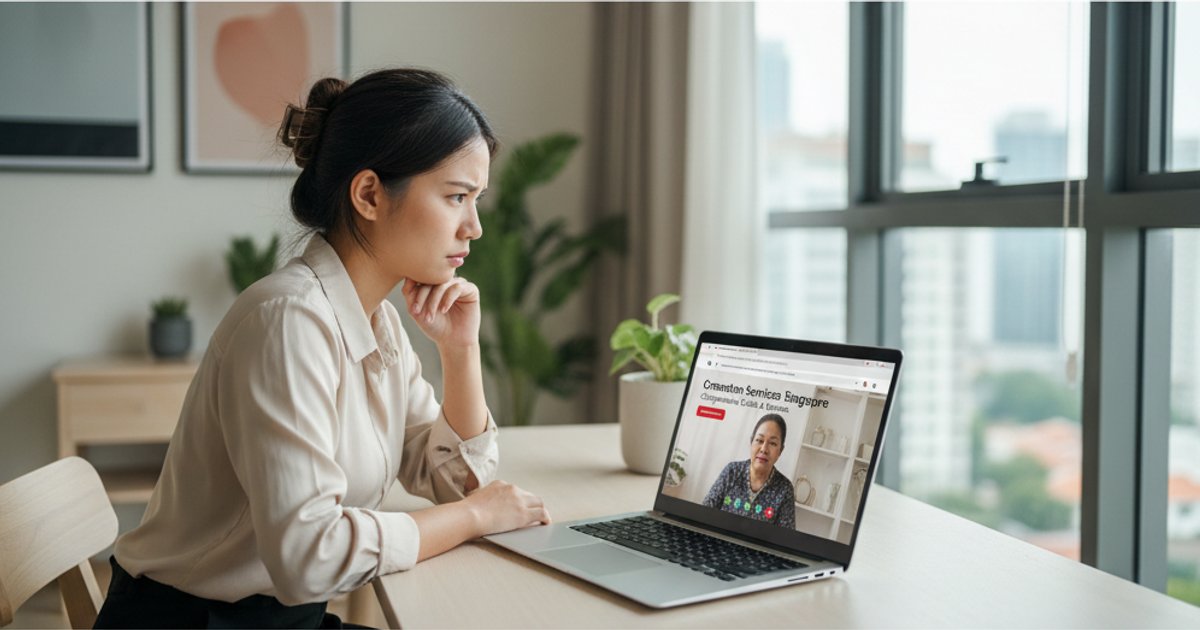 Young Singaporean woman researching cremation services Singapore and end-of-life planning