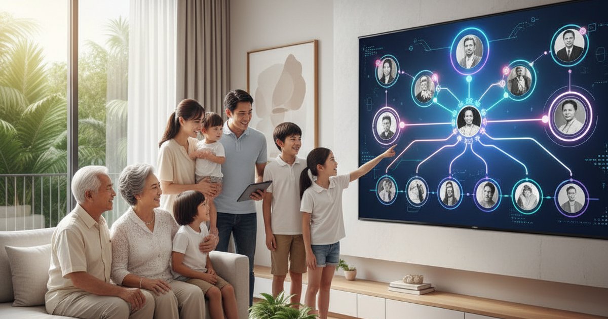 Multi-generational Singaporean family using a digital screen to view their ancestral connections, highlighting cremation and digital remembrance