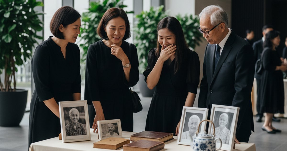 Family sharing memories around personal artifacts at a funeral wake, highlighting Singapore funeral services