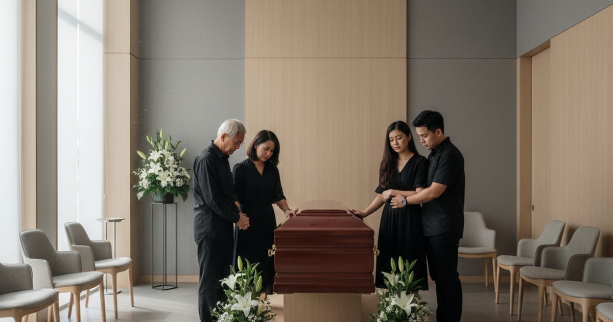Family gathered in a funeral parlor in Singapore, discussing funeral services SG options