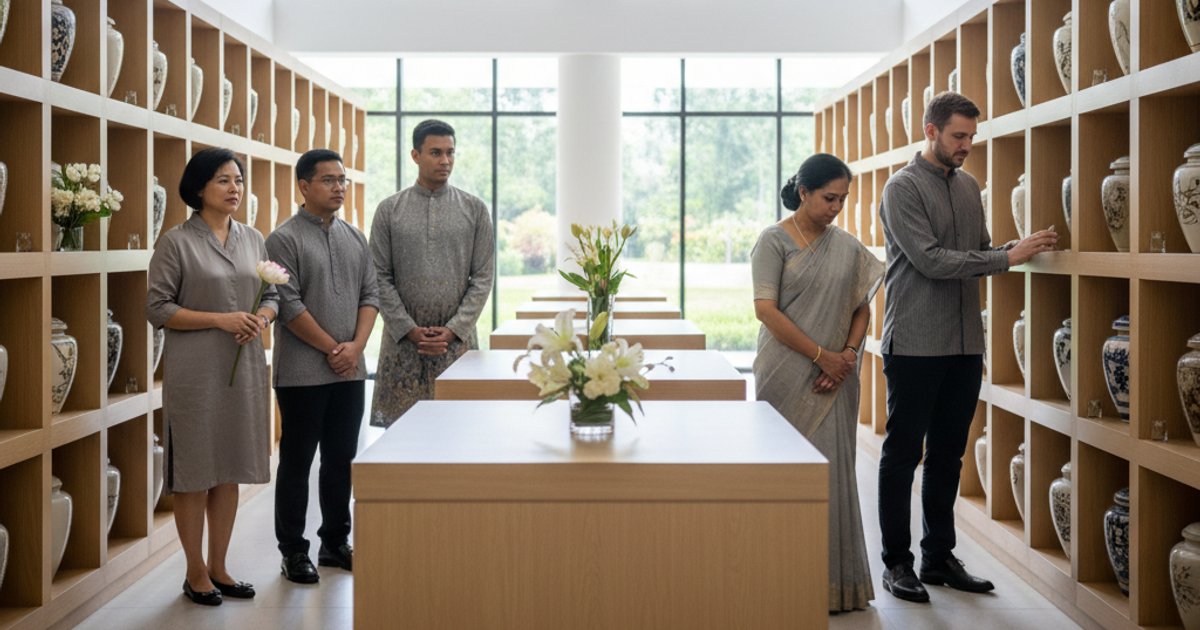 Diverse Singaporeans at a columbarium, symbolizing the future of funeral services in Singapore