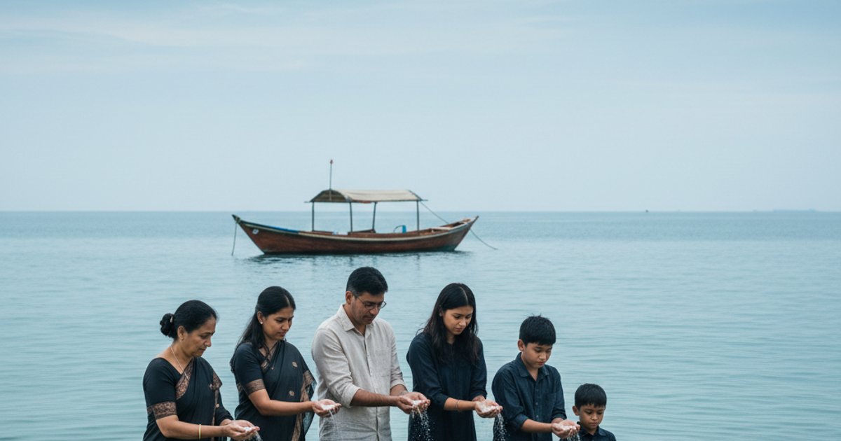 Family scattering ashes at sea after cremation in Singapore