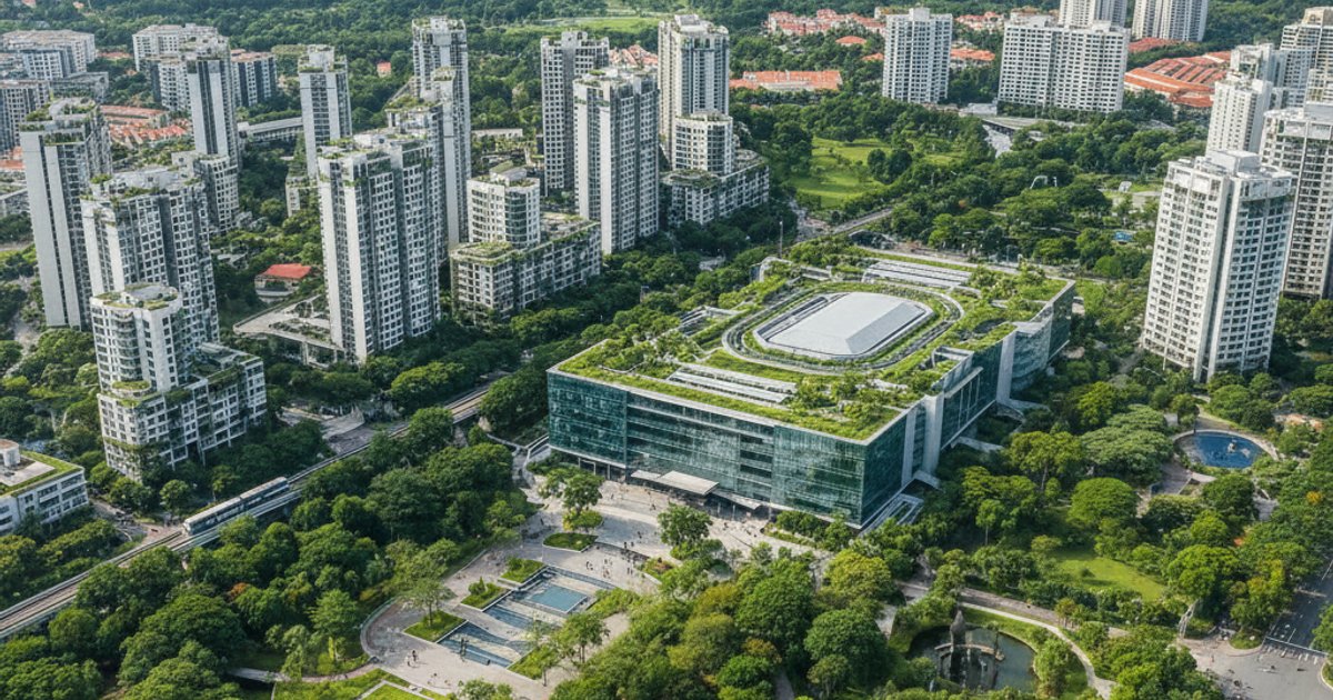 Aerial view of Singapore's urban planning, highlighting integrated cremation infrastructure
