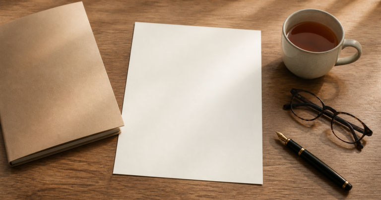 A desk with blank documents, pen and reading glasses for funeral pre-planning