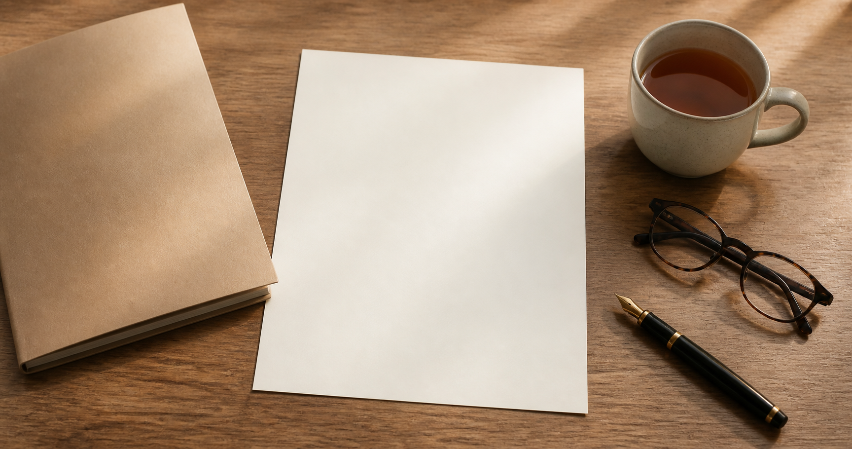 A desk with blank documents, pen and reading glasses for funeral pre-planning
