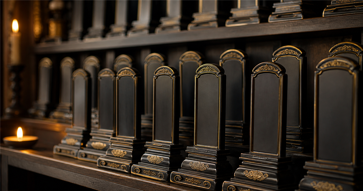 Tiered rows of lacquered Chinese ancestral tablets in a temple hall
