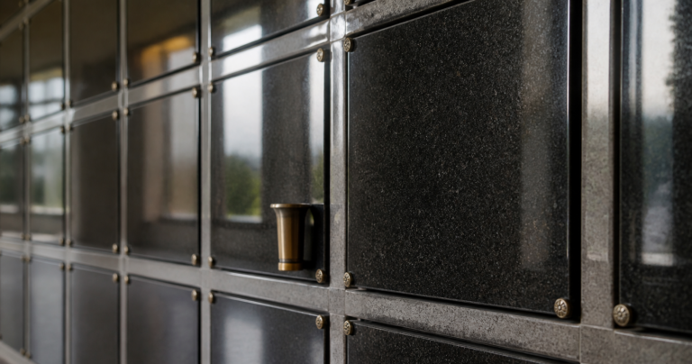 Blank polished granite niche plaques in a columbarium wall