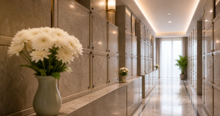 Rows of polished memorial niches in a modern Singapore columbarium hall