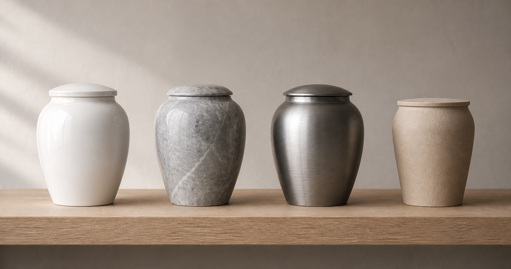 Four cremation urns in ceramic, marble, pewter and biodegradable paper