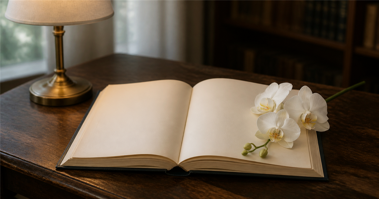 An open book with blank pages beside a white orchid sprig