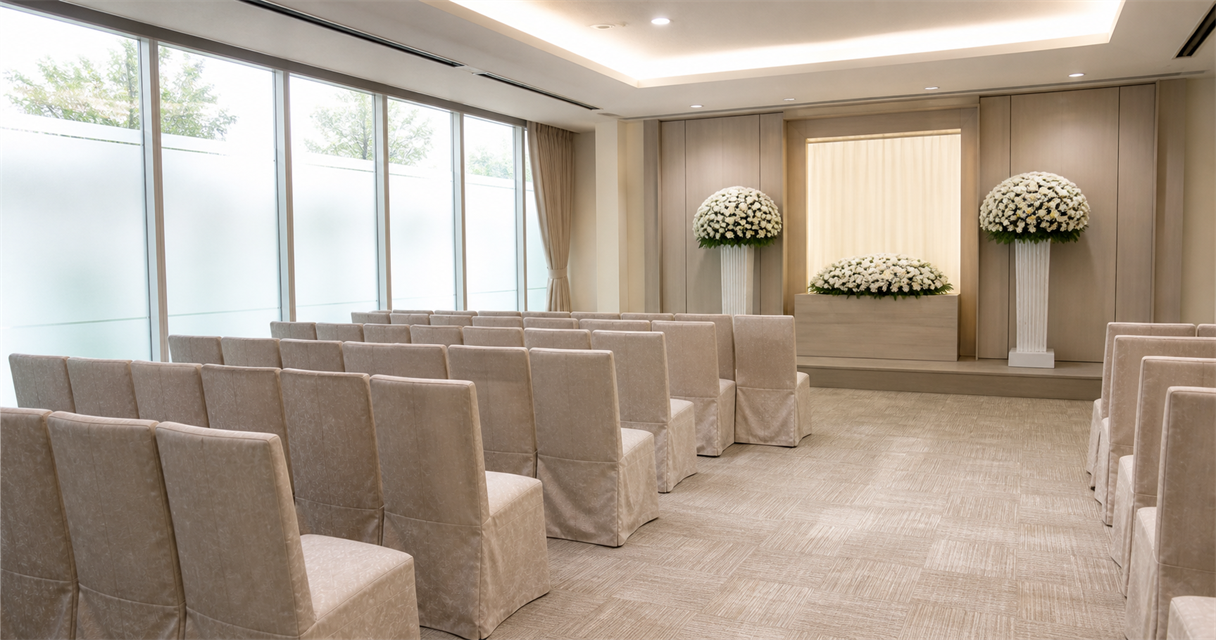 Empty rows of chairs in a Singapore funeral parlour hall