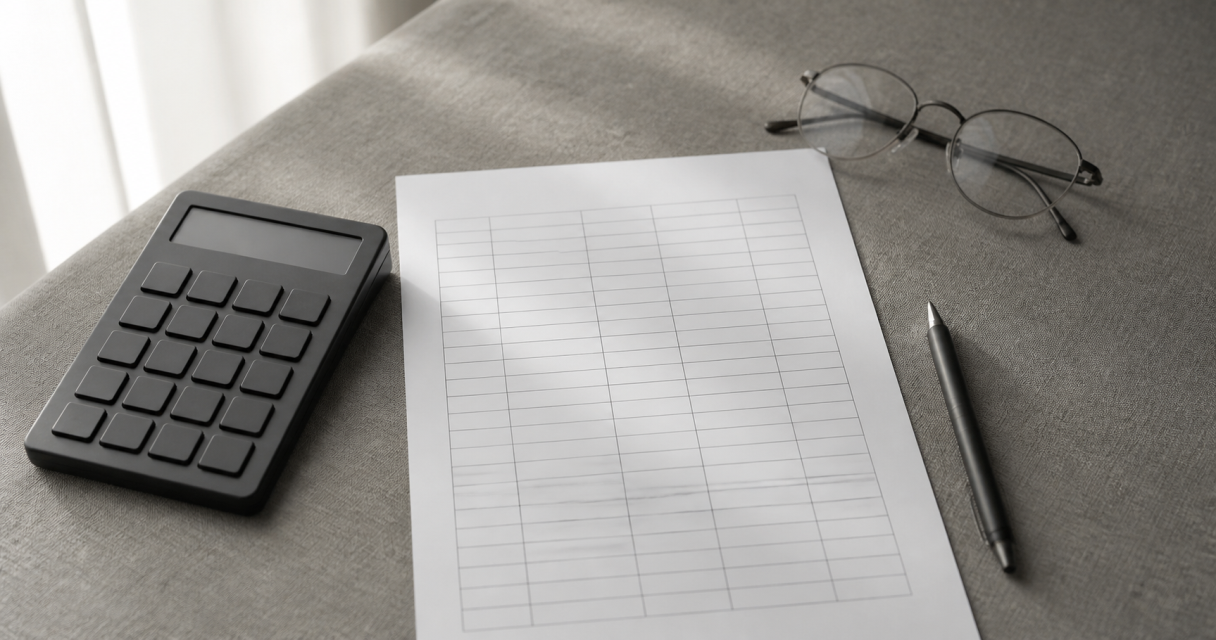 A desk with a fee table, calculator and pen for reviewing funeral costs