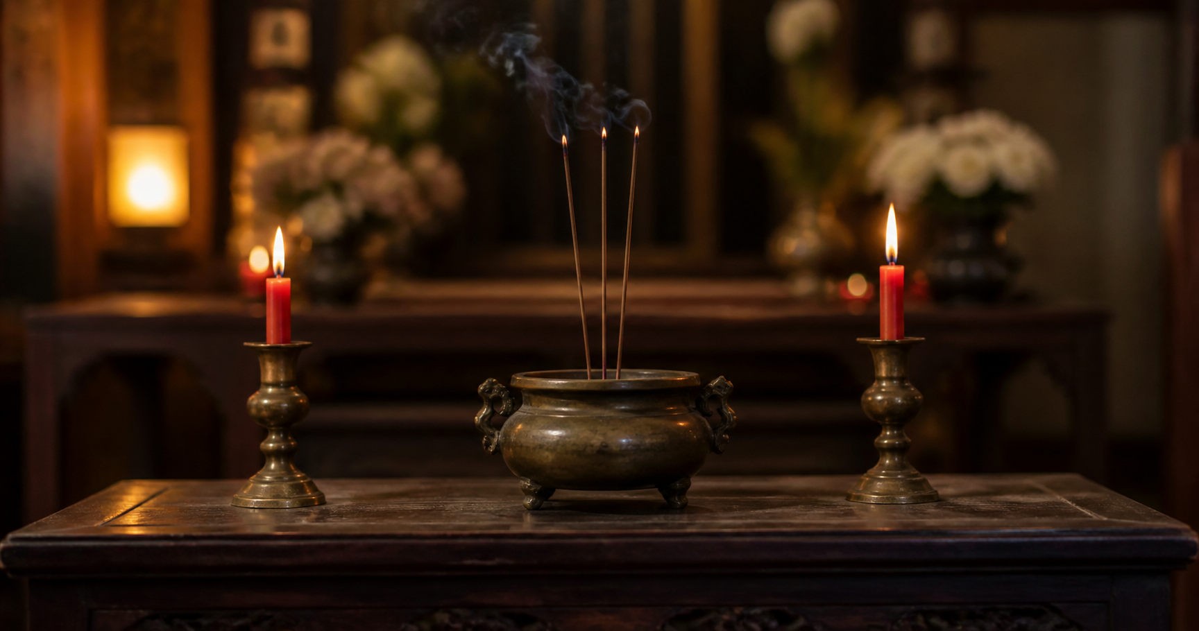 A Taoist funeral altar with offerings and incense in Singapore