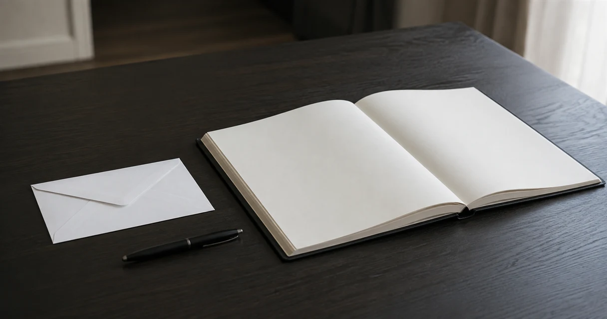 A plain white envelope and a pen on a dark table beside an open condolence book