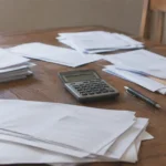 Household financial paperwork on a dining table with a calculator and a pen